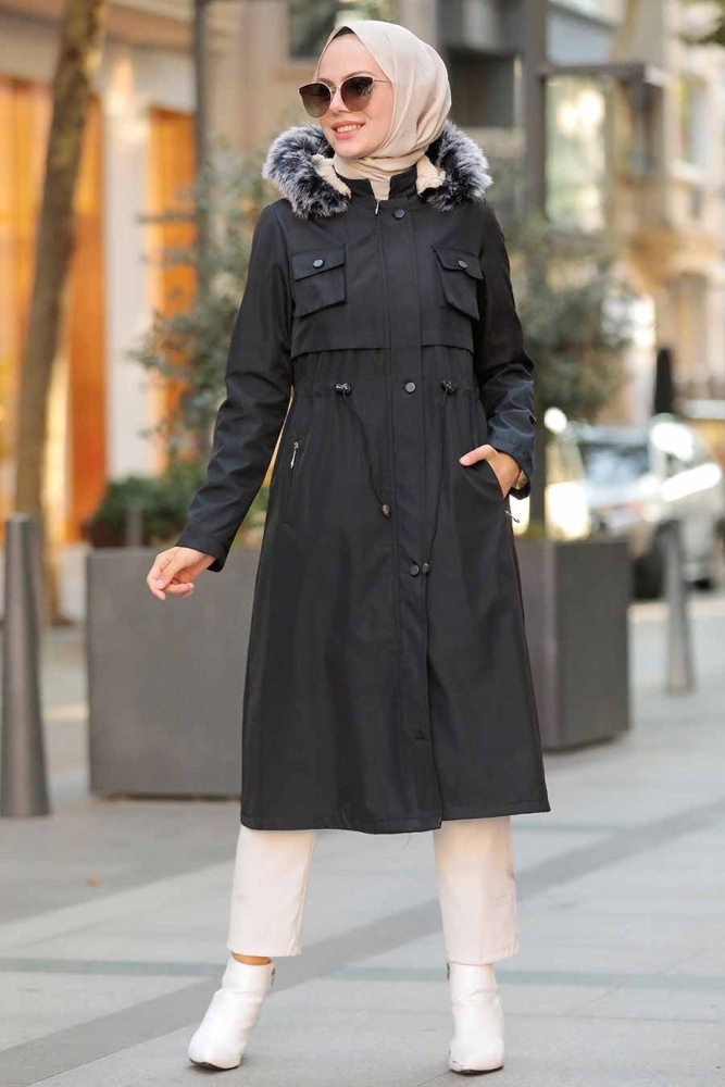 Black Hijab Parka Coat 51015S - 1