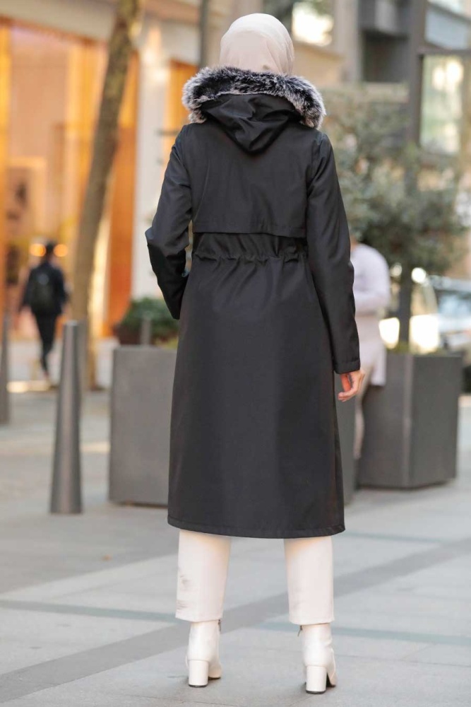 Black Hijab Parka Coat 51015S - 4