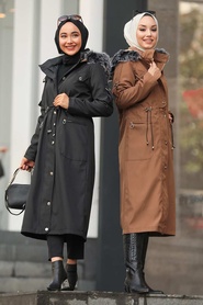 Black Hijab Parka Coat 64564S - Thumbnail