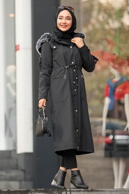 Black Hijab Parka Coat 64564S - Thumbnail