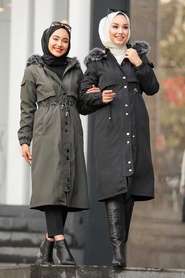 Black Hijab Parka Coat 6606S - Thumbnail