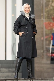 Black Hijab Parka Coat 90651S - Thumbnail