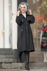 Black Hijab Parka Coat 9066S - Thumbnail