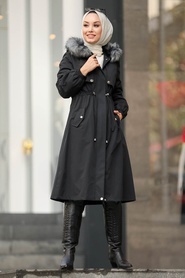 Black Hijab Parka Coat 9066S - Thumbnail