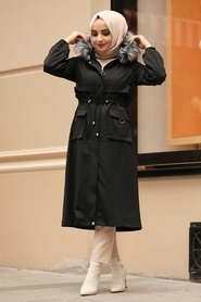 Black Hijab Parka Coat 90670S - Thumbnail