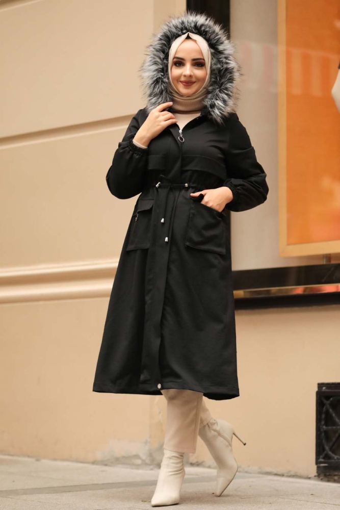 Black Hijab Parka Coat 90670S - 2