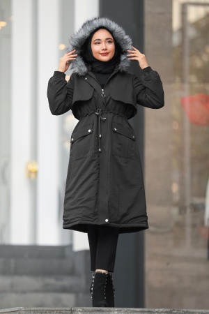 Black Hijab Parka Coat 90690S - 1