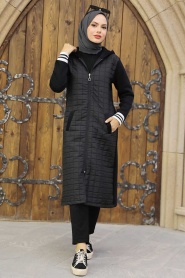 Black Hijab Quilted Coat 35744S - Thumbnail