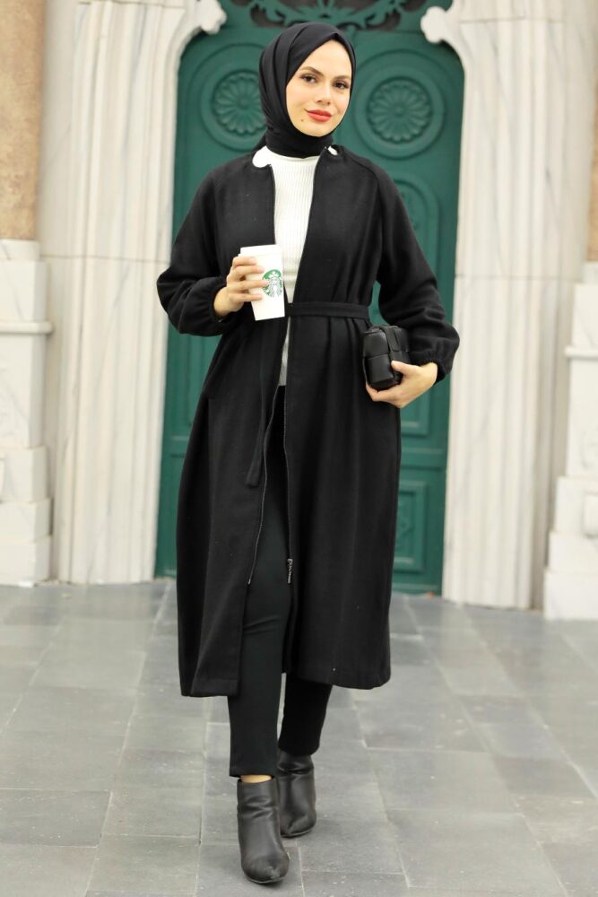 Black Hijab Stamp Coat 5822S - 3