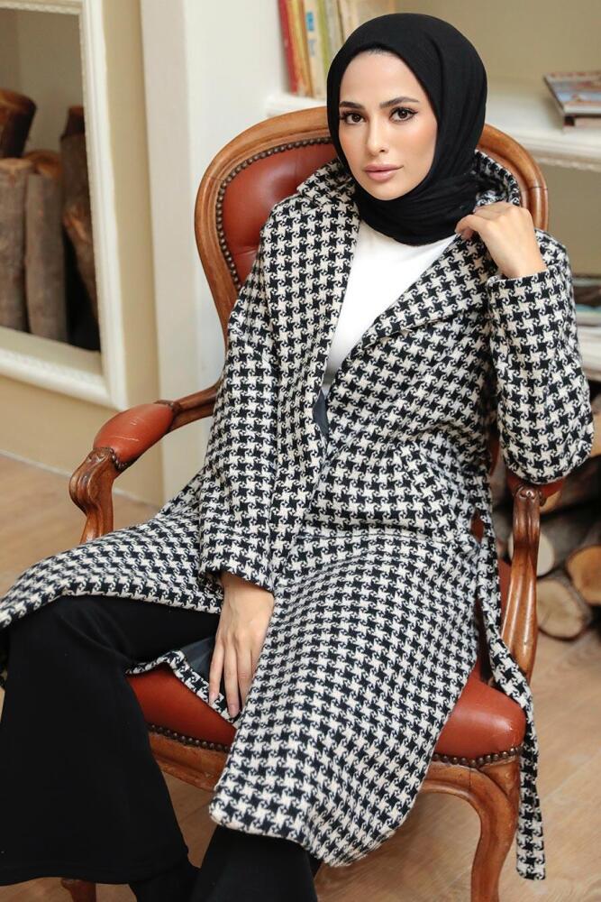 Black Hijab Stamp Coat 7198S - 4