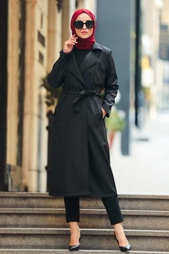 Black Hijab Trench Coat 51650S - Thumbnail