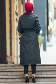 Black Hijab Trench Coat 51650S - Thumbnail