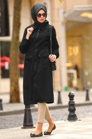 Black Hijab Coat 5677S - Thumbnail