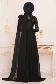 Neva Style - Black Turkish Hijab Evening Dress 3928S - Thumbnail