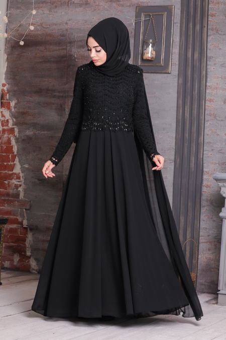 Black Hijab Evening Dress 80010S