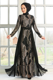 Black Hijab Evening Dress 8384S - Thumbnail
