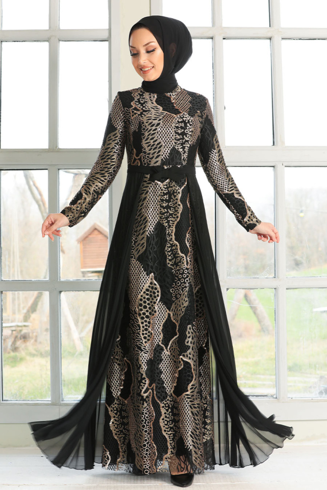 Black Hijab Evening Dress 8384S - 1