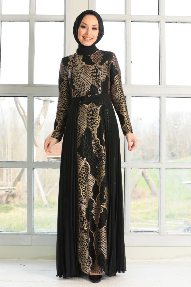 Black Hijab Evening Dress 8384S - 2