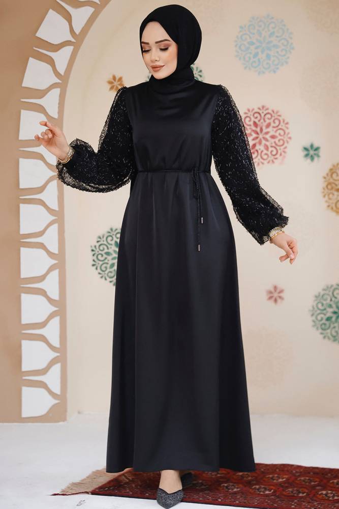 Black Satin Modest Gown 61671S - 1