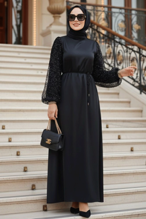 Black Satin Modest Gown 61671S - 1