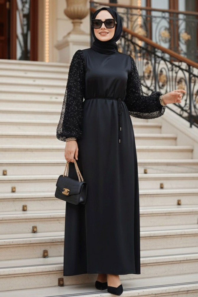 Black Satin Modest Gown 61671S - 1