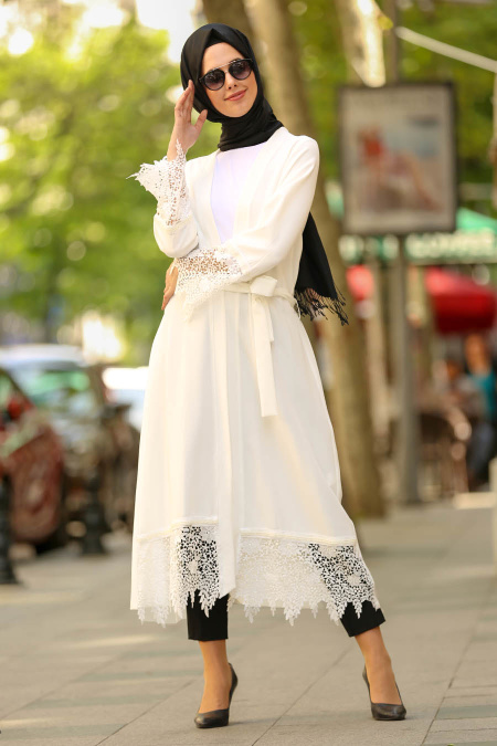 Blanc - Nayla Collection - Manteau Hijab 23630B