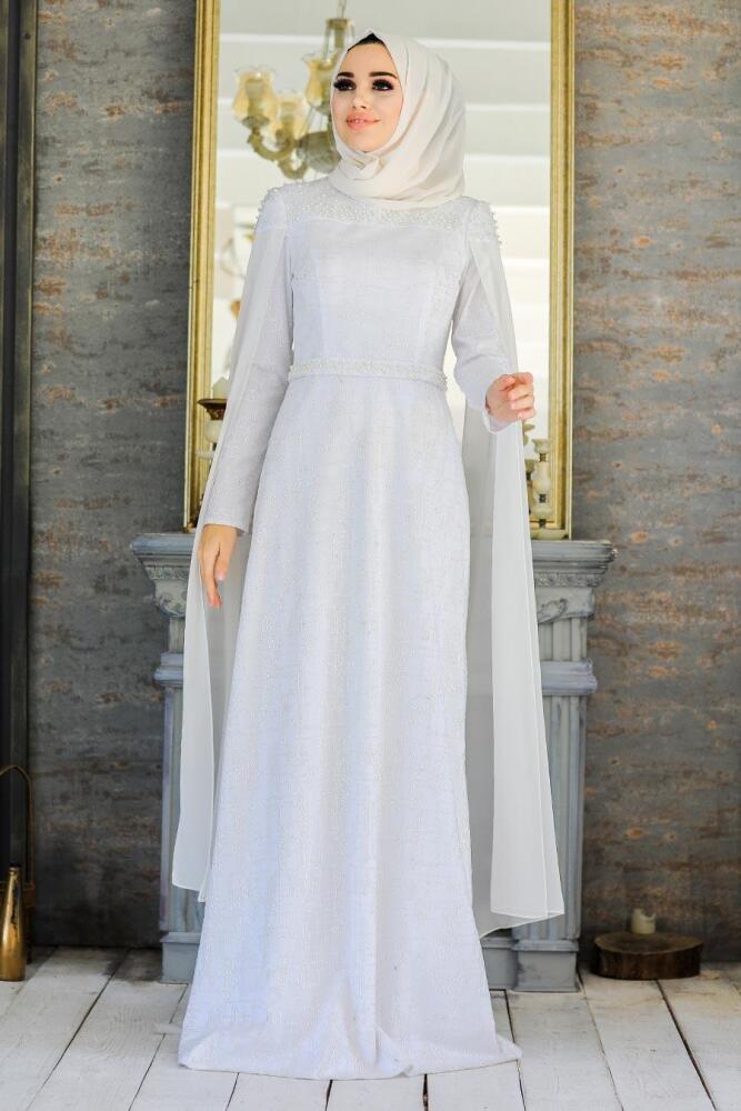 Blanc - Tesettürlü Abiye Elbise - Robe de Soirée Hijab - 20940B - 1