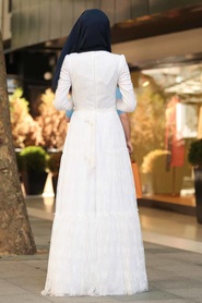 Blanc - Tesettürlü Abiye Elbise - Robe de Soirée Hijab - 39560B - Thumbnail