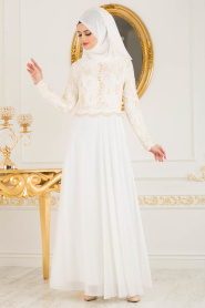 Blanc - Tesettürlü Abiye Elbise - Robe de Soirée Hijab 7960B - Thumbnail