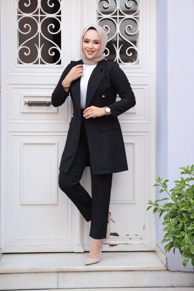 Blazer Ceketli Siyah Tesettür İkili Takım 5994S - 2