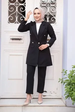 Blazer Ceketli Siyah Tesettür İkili Takım 5994S - 1