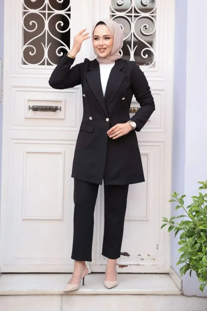 Blazer Ceketli Siyah Tesettür İkili Takım 5994S - 1