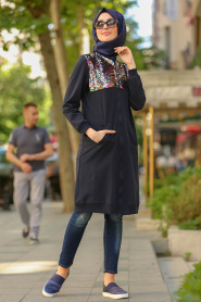 Bleu Marin - Nayla Collection - Manteau Hijab 80200L - Thumbnail