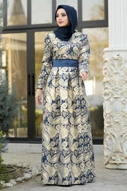 Bleu Marin-Nayla Collection - Robe de Soirée Hijab 82449L - Thumbnail