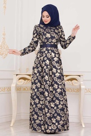 Bleu Marin-Nayla Collection -Robe de Soirée Hijab 82460L - Thumbnail