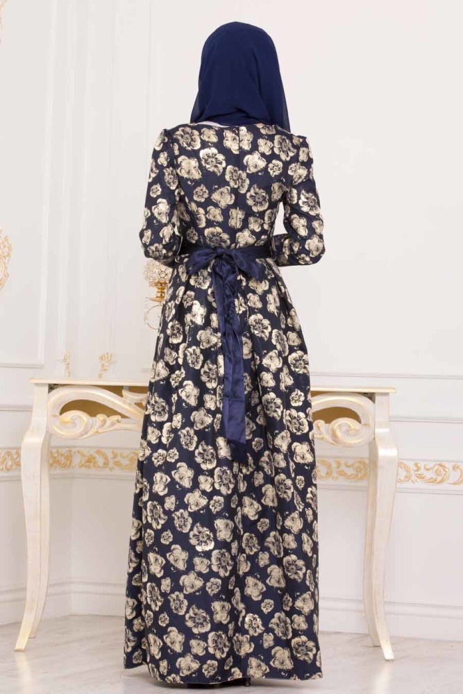 Bleu Marin-Nayla Collection -Robe de Soirée Hijab 82460L - 2