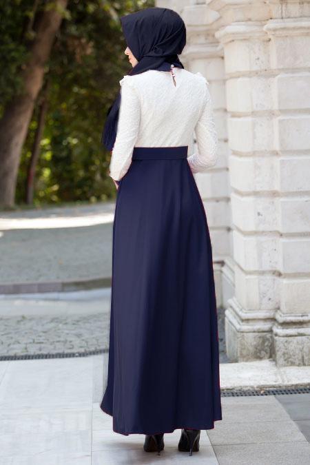 Bleu Marin - Tesettürlü Abiye Elbise - Robe de Soirée 2161L - 2