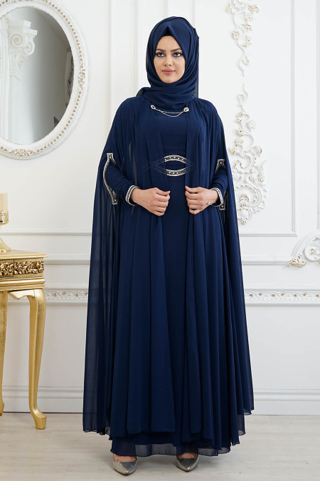Bleu Marin - Tesettürlü Abiye Elbise- Robe de Soirée 8094L
