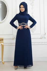 Bleu Marin - Tesettürlü Abiye Elbise- Robe de Soirée 8094L - Thumbnail