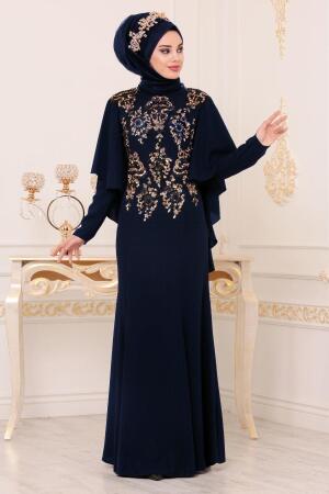 Bleu Marin - Tesettürlü Abiye Elbise- Robe de Soirée 81201L - 1