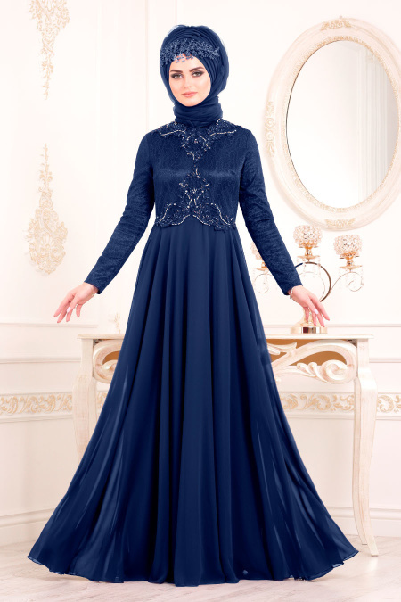 Bleu Marin - Tesettürlü Abiye Elbise- Robe de Soirée 8129L