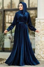 Bleu Marin - Tesettürlü Abiye Elbise - Robe de Soirée Hijab - 11030L - Thumbnail