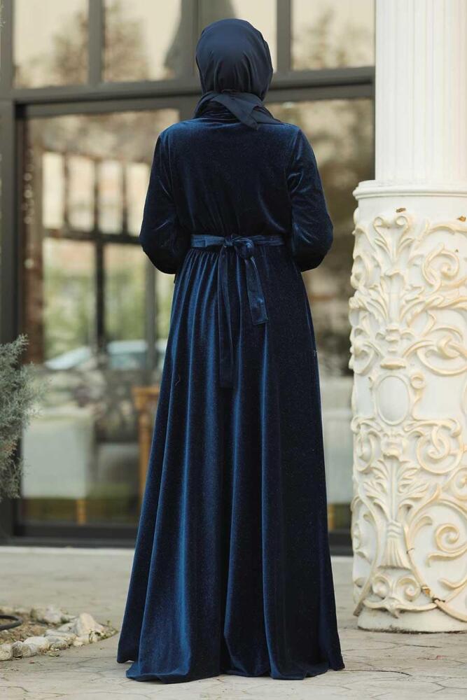 Bleu Marin - Tesettürlü Abiye Elbise - Robe de Soirée Hijab - 11030L - 3