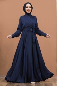 Bleu Marin - Tesettürlü Abiye Elbise - Robe de Soirée Hijab - 1418L - Thumbnail