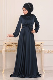 Bleu Marin - Tesettürlü Abiye Elbise - Robe de Soirée Hijab - 14251L - Thumbnail
