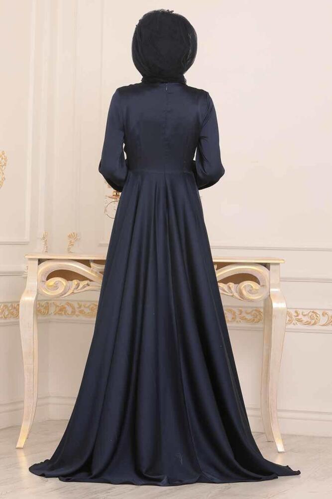 Bleu Marin - Tesettürlü Abiye Elbise - Robe de Soirée Hijab - 14251L - 3