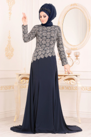 Bleu Marin - Tesettürlü Abiye Elbise - Robe de Soirée Hijab 18770L - Thumbnail
