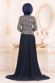 Bleu Marin - Tesettürlü Abiye Elbise - Robe de Soirée Hijab 18770L - Thumbnail