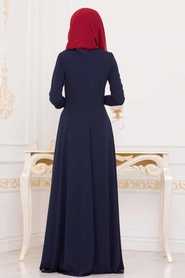 Bleu Marin - Tesettürlü Abiye Elbise - Robe de Soirée Hijab - 2005L - Thumbnail
