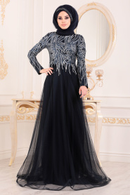 Bleu Marin-Tesettürlü Abiye Elbise - Robe de Soirée Hijab 20690L - Thumbnail